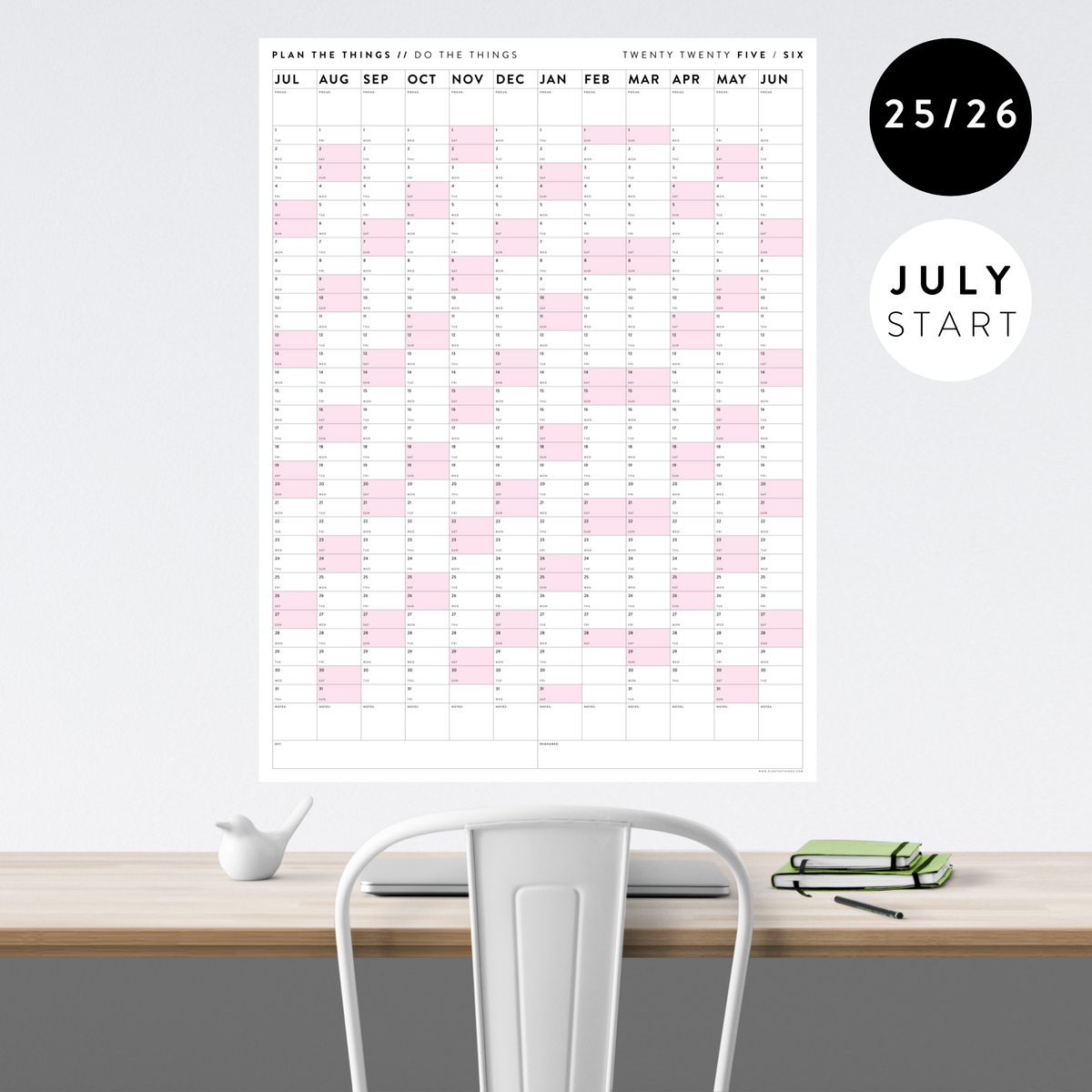 PRINTABLE 2025 - 2026 ACADEMIC WALL CALENDAR (JULY START) | VERTICAL WITH PINK WEEKENDS - INSTANT DOWNLOAD