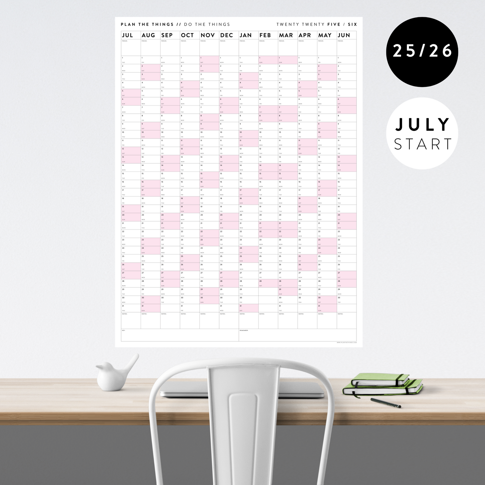 2025 - 2026 ACADEMIC WALL CALENDAR (JULY START) | VERTICAL WITH PINK WEEKENDS