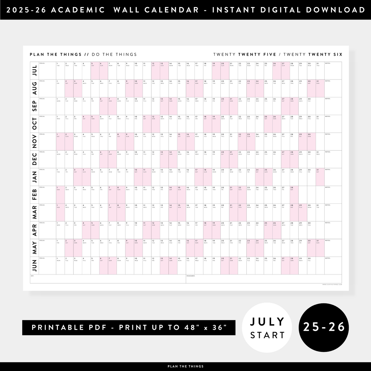 PRINTABLE 2025 - 2026 ACADEMIC WALL CALENDAR (JULY START) | HORIZONTAL WITH PINK WEEKENDS - INSTANT DOWNLOAD