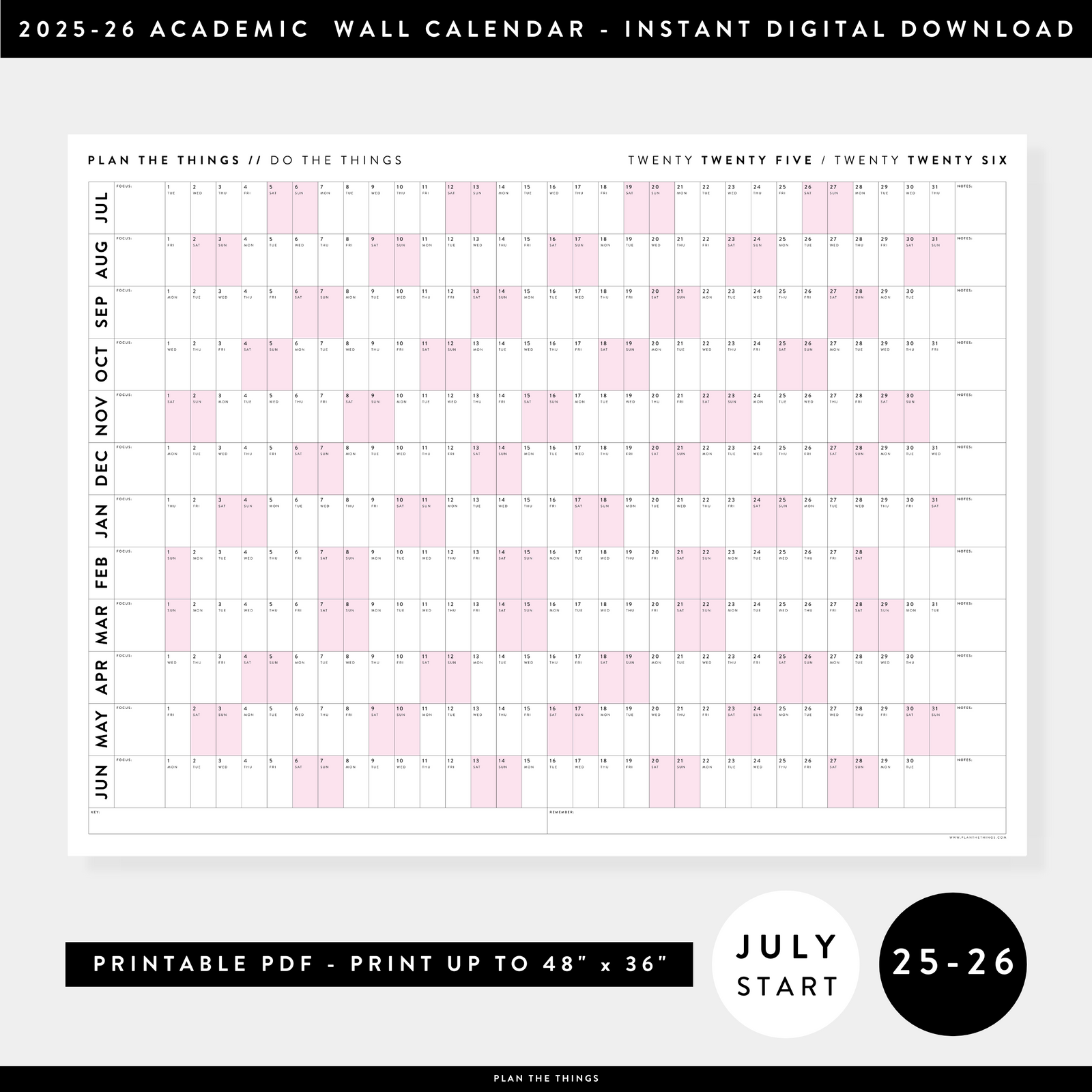 PRINTABLE 2025 - 2026 ACADEMIC WALL CALENDAR (JULY START) | HORIZONTAL WITH PINK WEEKENDS - INSTANT DOWNLOAD