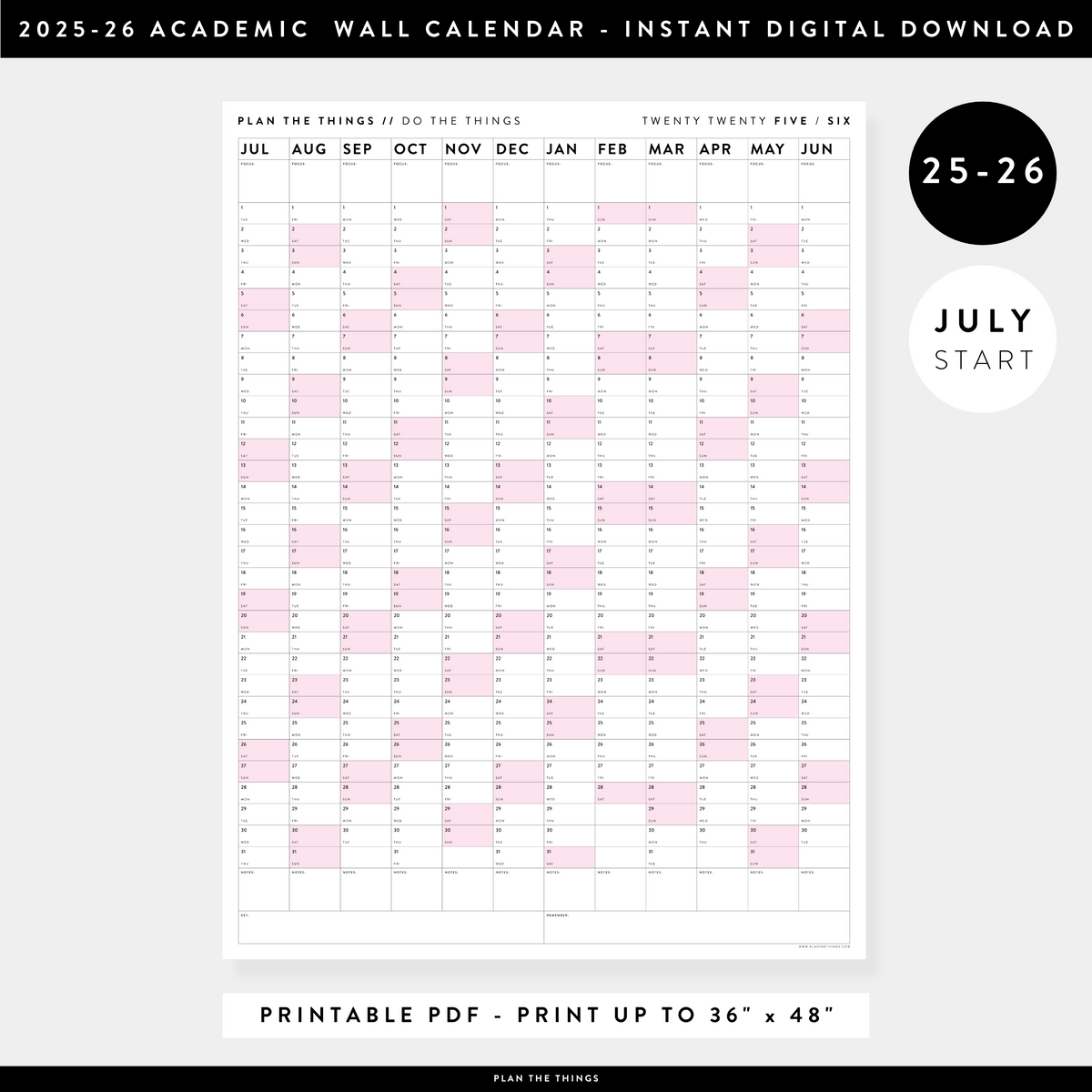 PRINTABLE 2025 - 2026 ACADEMIC WALL CALENDAR (JULY START) | VERTICAL WITH PINK WEEKENDS - INSTANT DOWNLOAD