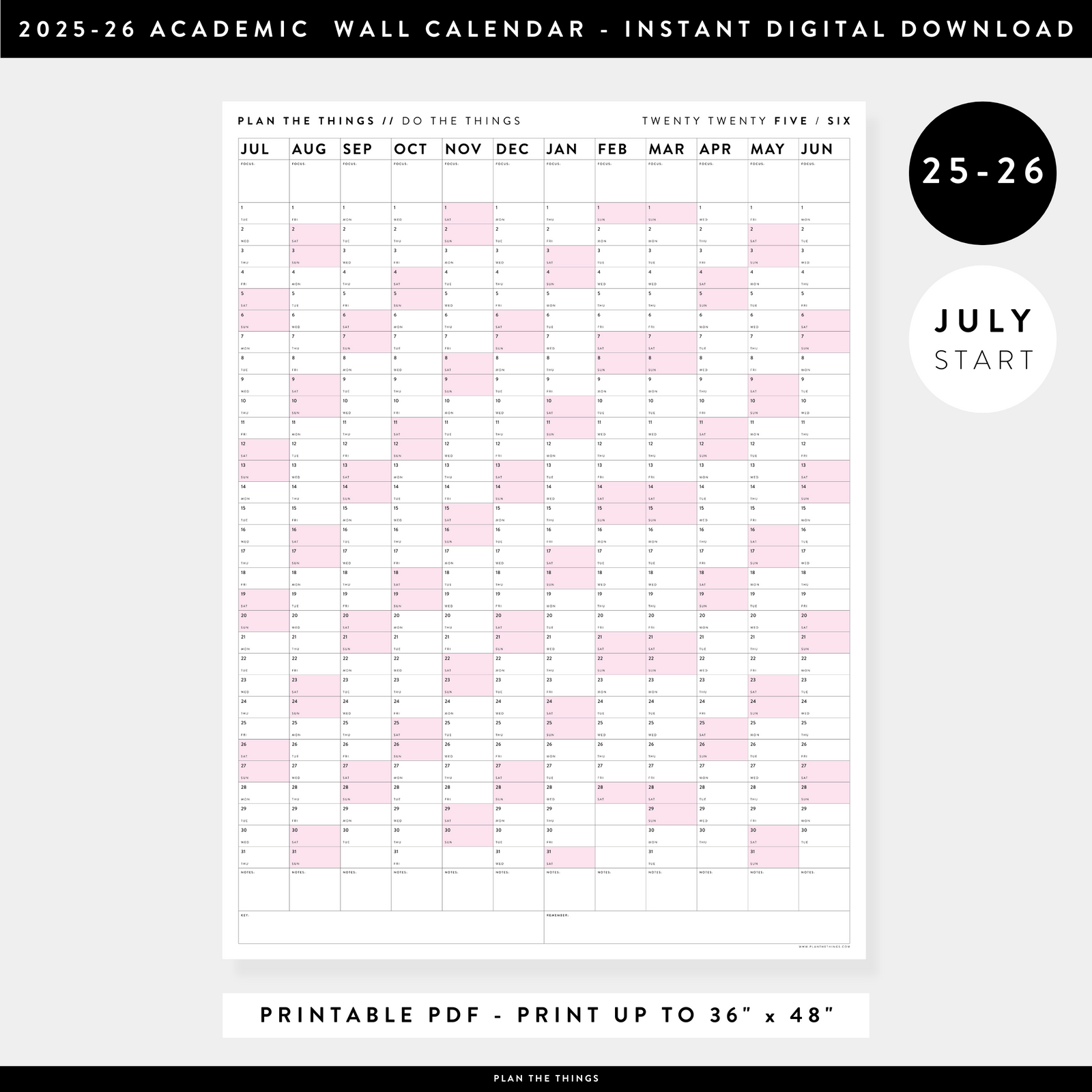 PRINTABLE 2025 - 2026 ACADEMIC WALL CALENDAR (JULY START) | VERTICAL WITH PINK WEEKENDS - INSTANT DOWNLOAD