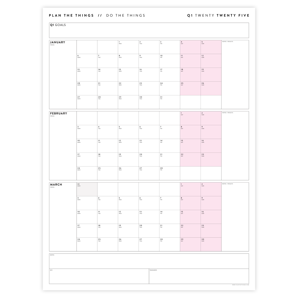 PRINTABLE Q1 (JANUARY - MARCH) 2025 QUARTERLY WALL CALENDAR (PINK) - INSTANT DOWNLOAD