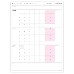 PRINTABLE Q1 (JANUARY - MARCH) 2025 QUARTERLY WALL CALENDAR (PINK) - INSTANT DOWNLOAD