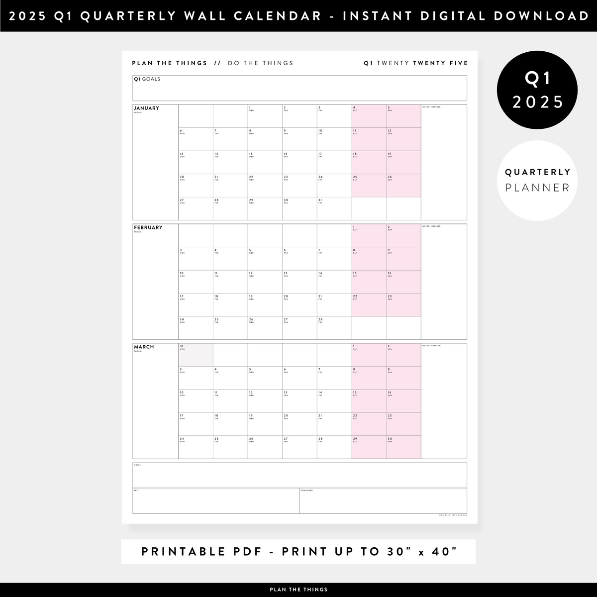 PRINTABLE Q1 (JANUARY - MARCH) 2025 QUARTERLY WALL CALENDAR (PINK) - INSTANT DOWNLOAD