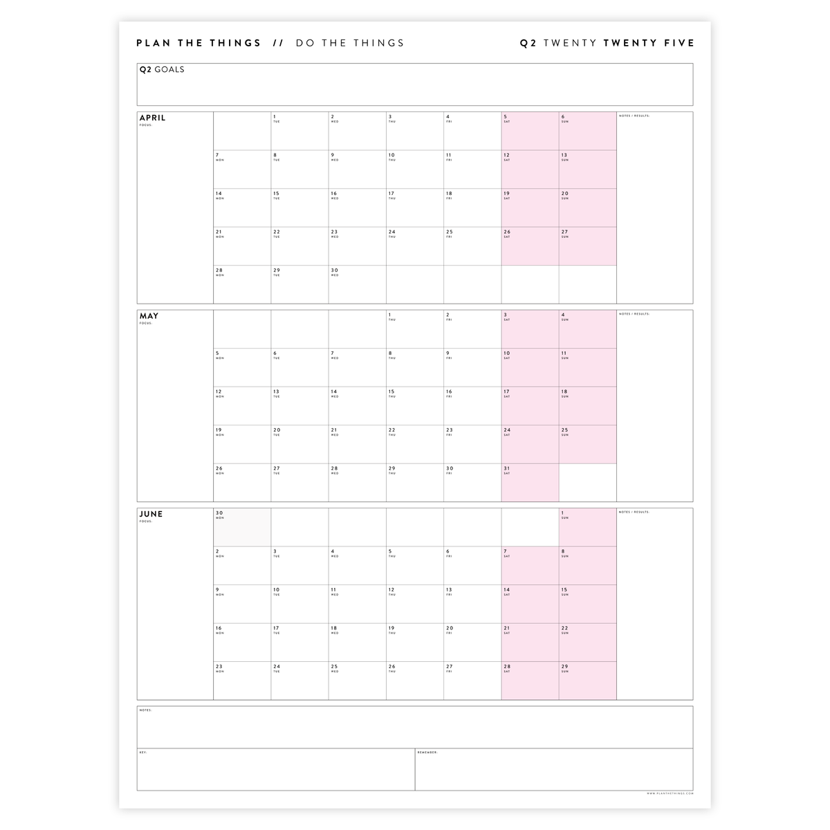 Q2 2025 QUARTERLY GIANT WALL CALENDAR (APRIL - JUNE 2025) - PINK WEEKENDS
