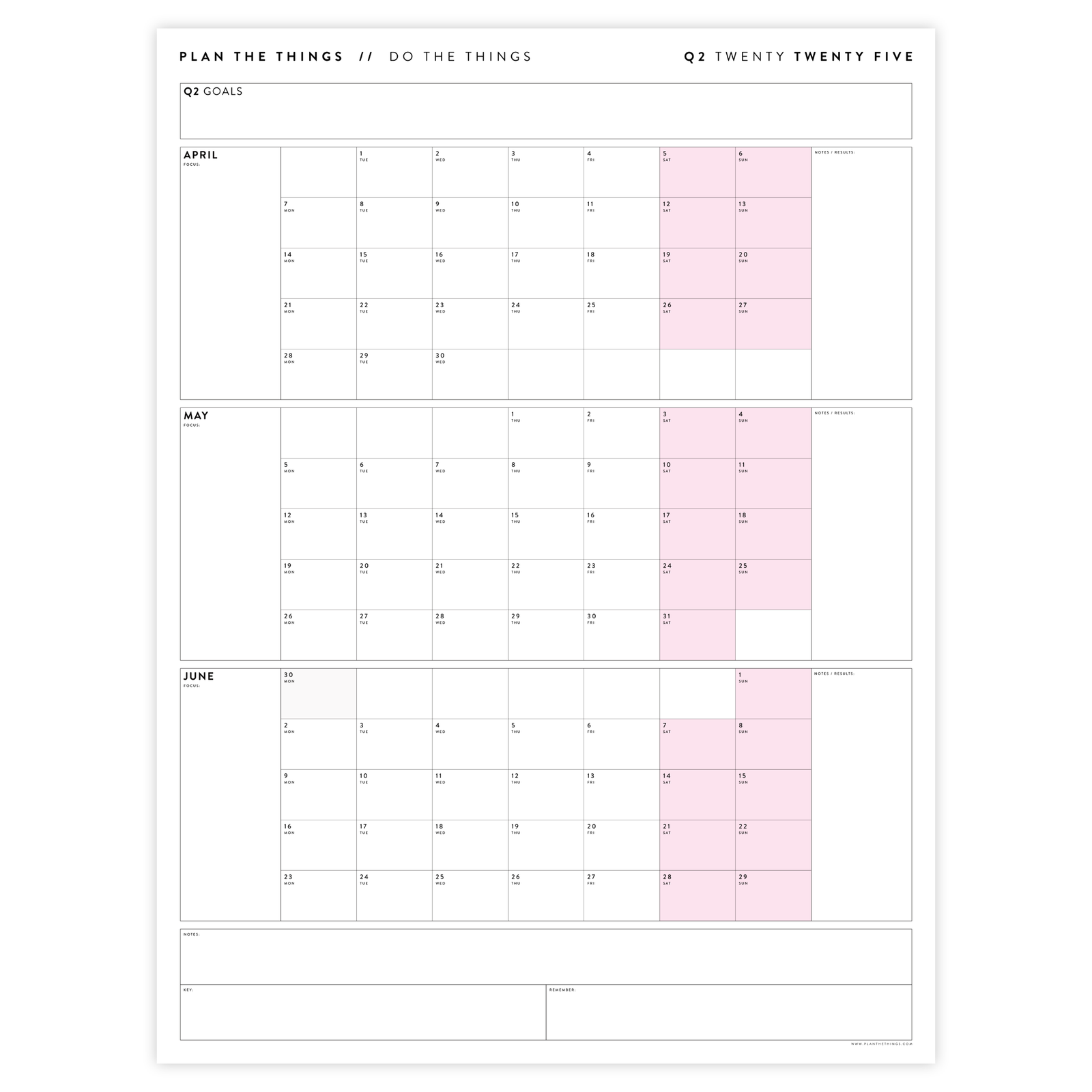 Q2 2025 QUARTERLY GIANT WALL CALENDAR (APRIL - JUNE 2025) - PINK WEEKENDS
