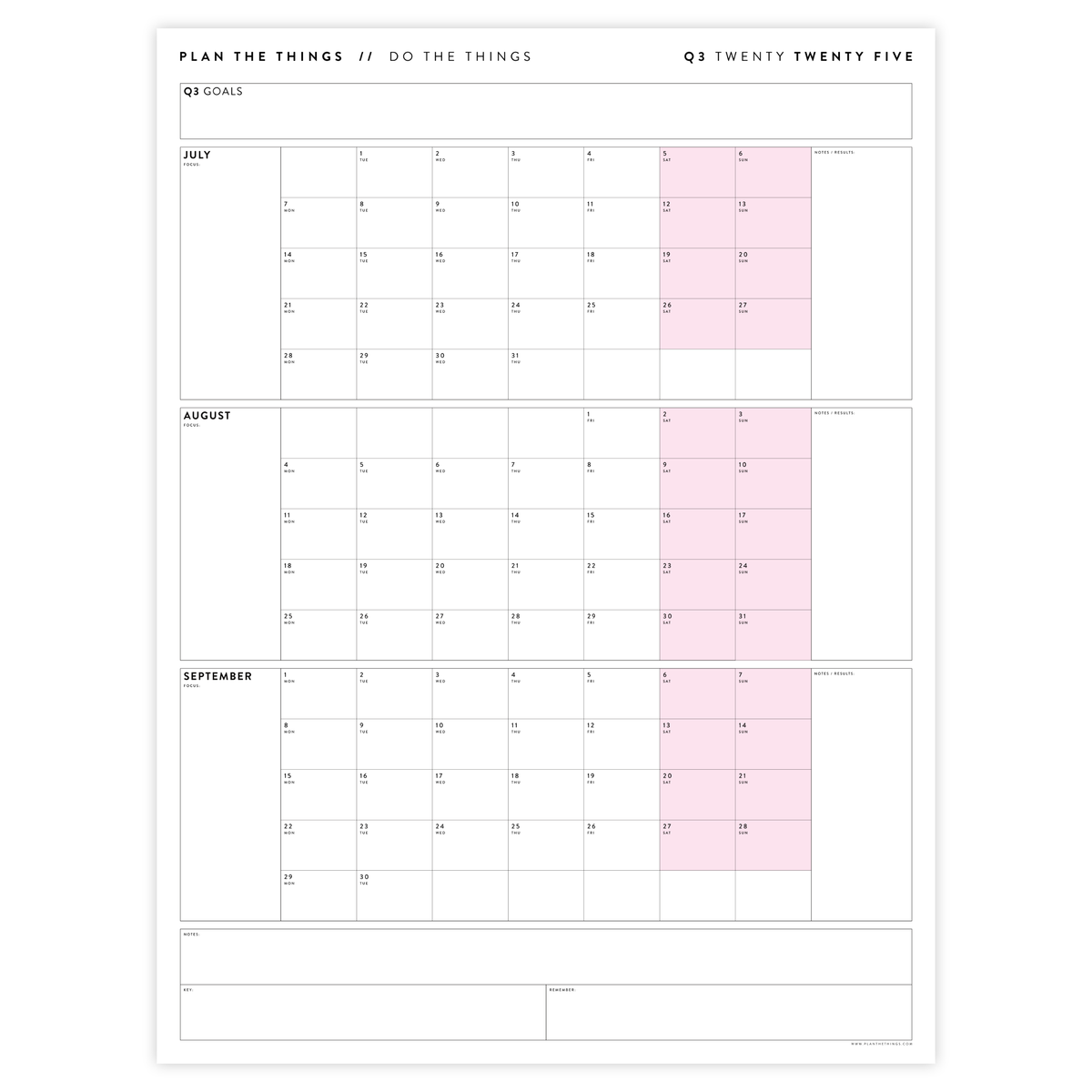 Q3 2025 QUARTERLY GIANT WALL CALENDAR (JULY - SEPTEMBER 2025) - PINK WEEKENDS