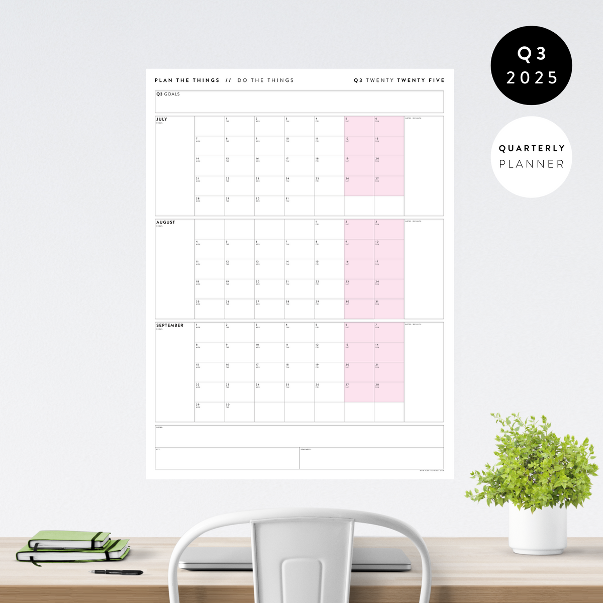 Q3 2025 QUARTERLY GIANT WALL CALENDAR (JULY - SEPTEMBER 2025) - PINK WEEKENDS