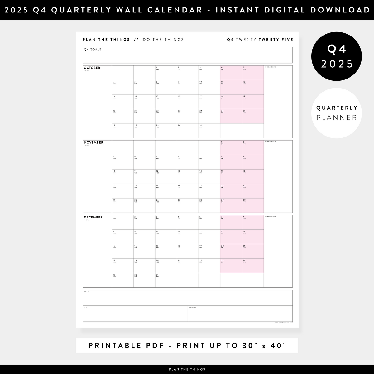 PRINTABLE Q4 (OCTOBER - DECEMBER) 2025 QUARTERLY WALL CALENDAR (PINK) - INSTANT PDF DOWNLOAD