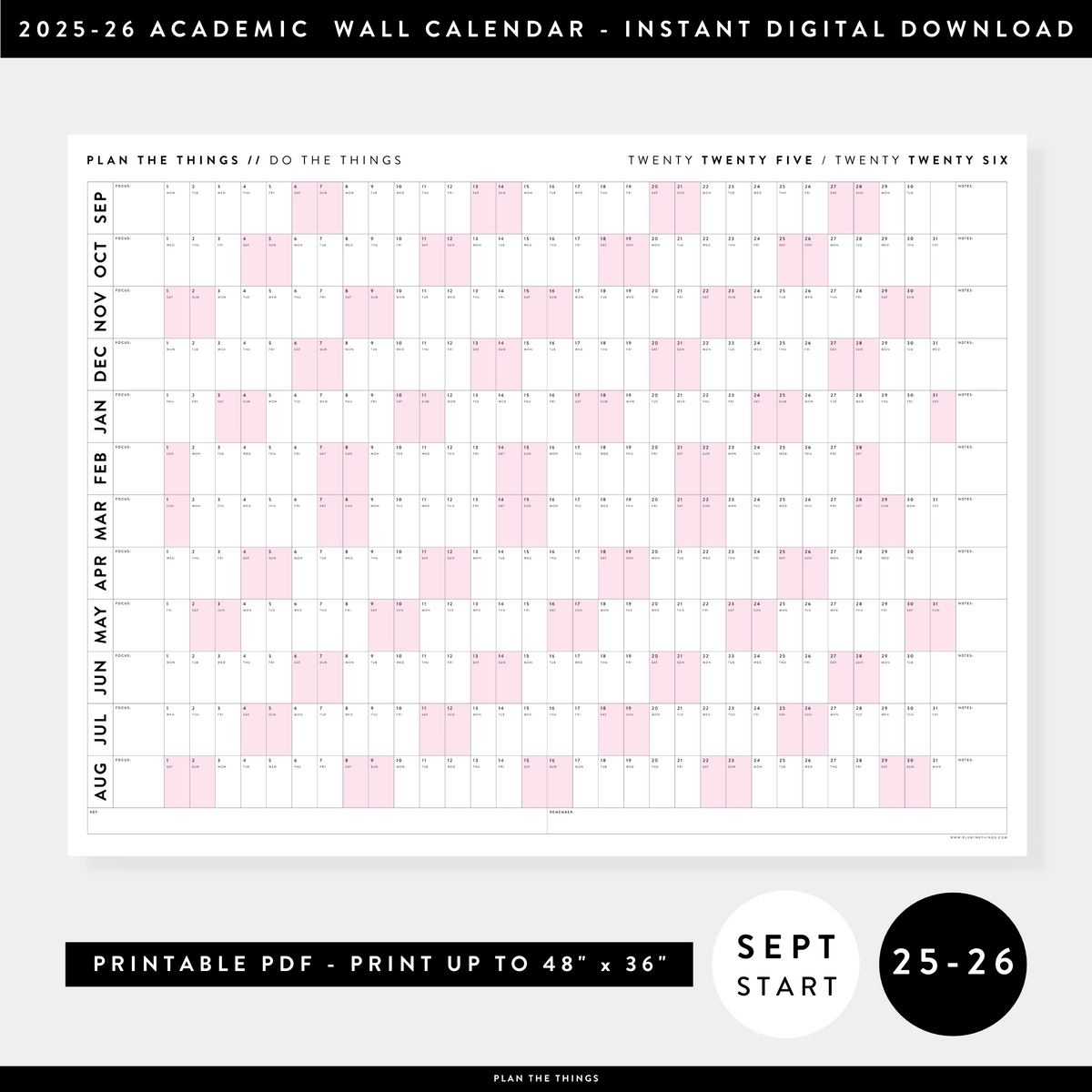 PRINTABLE 2025 - 2026 ACADEMIC WALL CALENDAR (SEPTEMBER START) | HORIZONTAL WITH PINK WEEKENDS - INSTANT DOWNLOAD