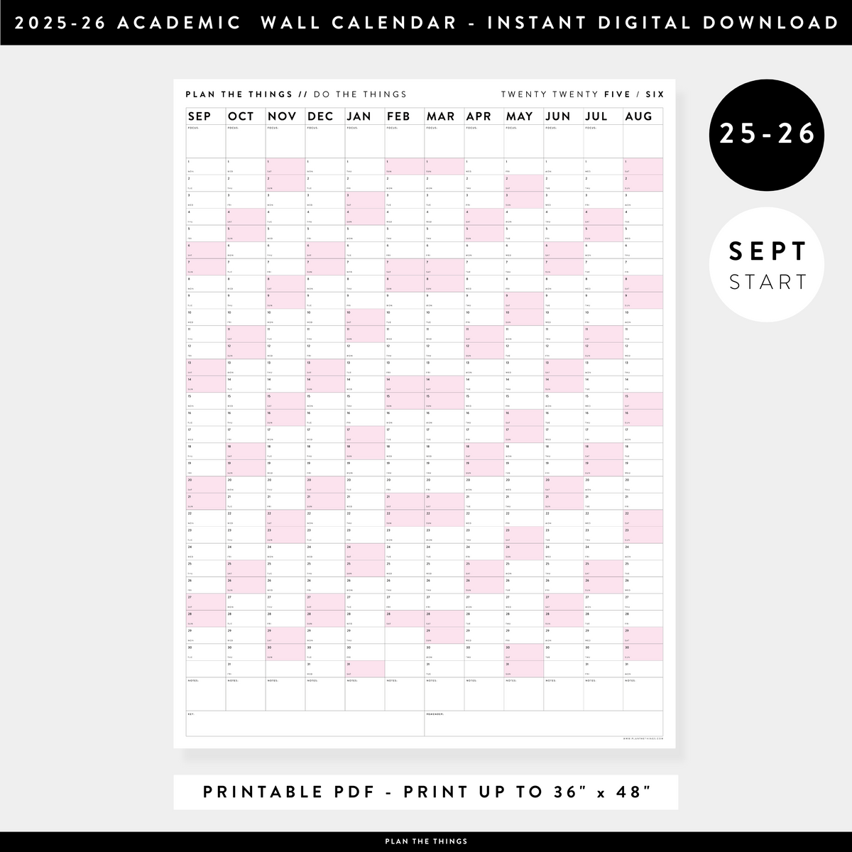 PRINTABLE 2025 - 2026 ACADEMIC WALL CALENDAR (SEPTEMBER START) | VERTICAL WITH PINK WEEKENDS - INSTANT DOWNLOAD