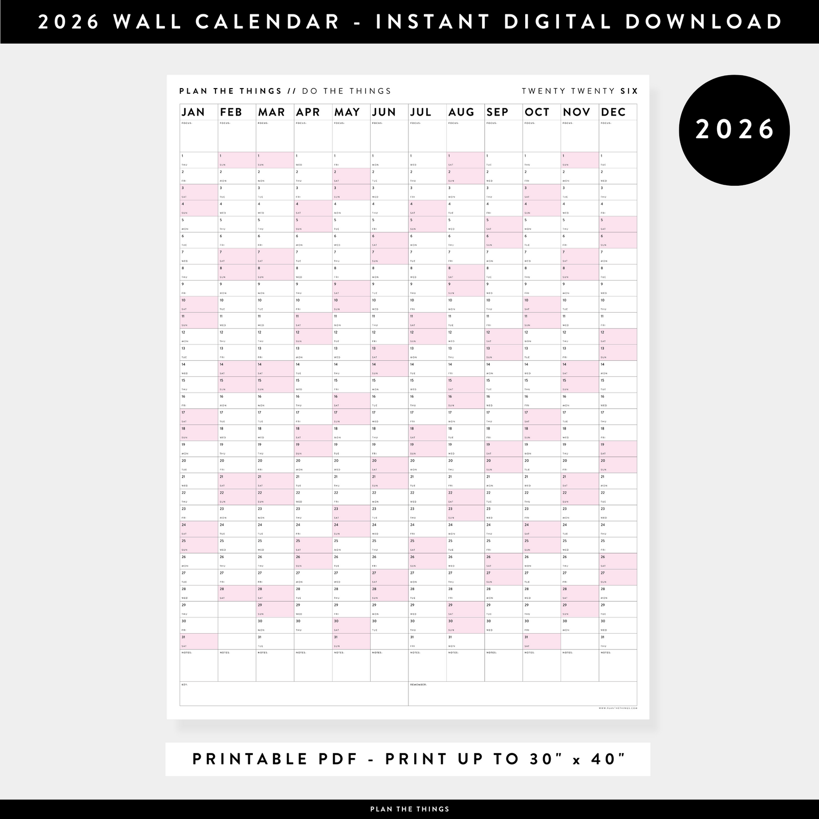 PRINTABLE VERTICAL 2026 WALL CALENDAR WITH PINK WEEKENDS - INSTANT DOWNLOAD