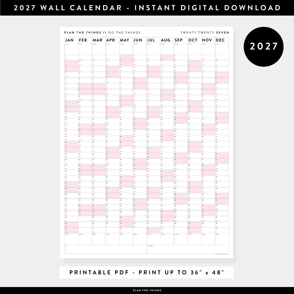 PRINTABLE VERTICAL 2027 WALL CALENDAR WITH PINK WEEKENDS - INSTANT DOWNLOAD