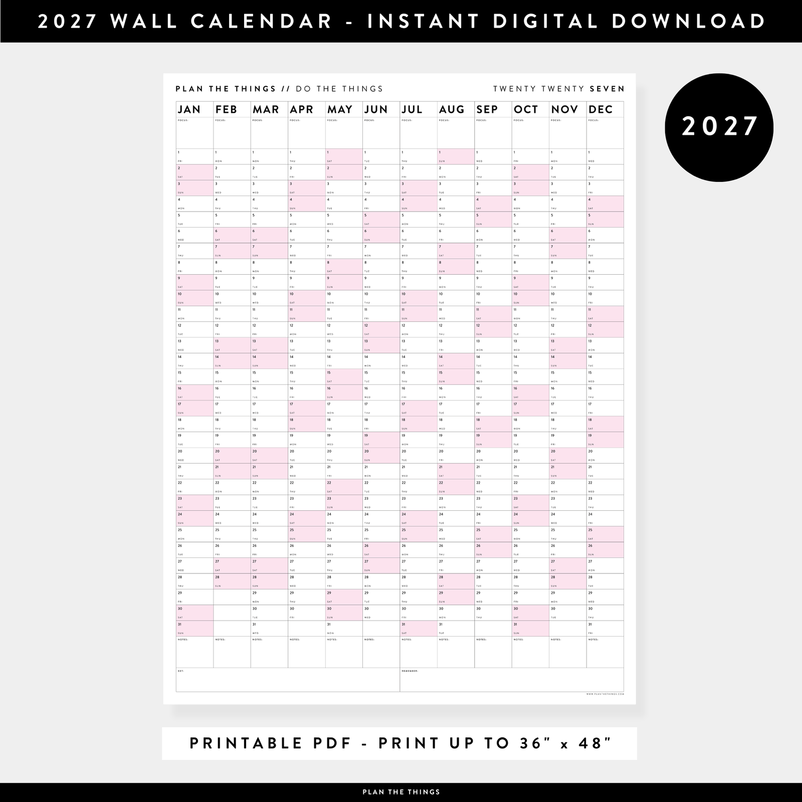 PRINTABLE VERTICAL 2027 WALL CALENDAR WITH PINK WEEKENDS - INSTANT DOWNLOAD