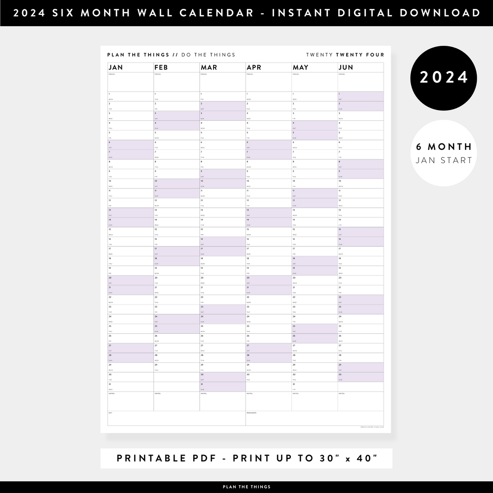 PRINTABLE 2024 SIX MONTH CALENDARS - PURPLE2024 JANSTARTSIXMONTHWALLCALENDAR DIGITALDOWNLOAD PLANTHETHINGS 1000x 
