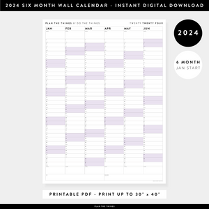 PRINTABLE SIX MONTH 2024 WALL CALENDAR (JANUARY TO JUNE) WITH PURPLE WEEKENDS - INSTANT DOWNLOAD