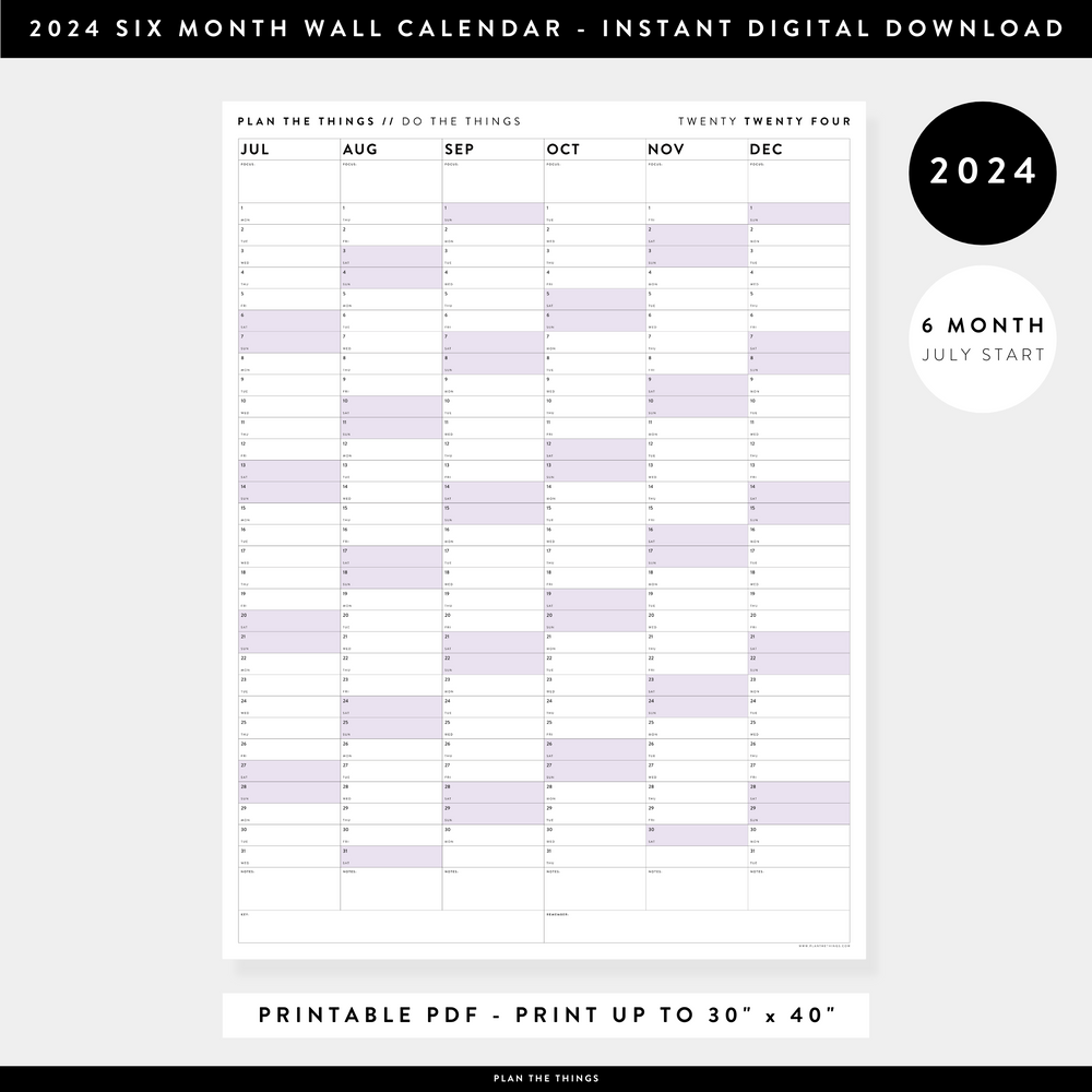 PRINTABLE 2024 SIX MONTH CALENDARS - PURPLE2024 JULYSTARTSIXMONTHWALLCALENDAR DIGITALDOWNLOAD PLANTHETHINGS 1000x 