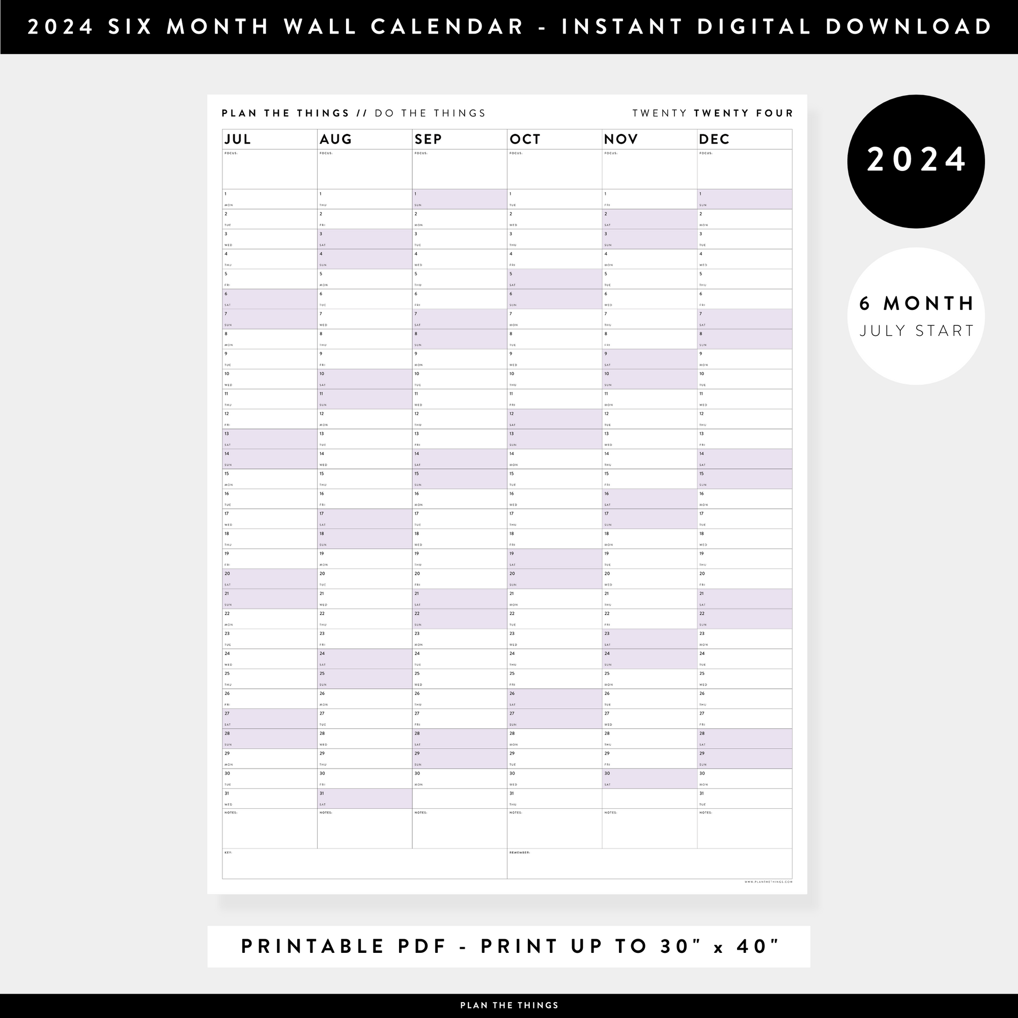 PRINTABLE SIX MONTH 2024 WALL CALENDAR (JULY TO DECEMBER) WITH PURPLE WEEKENDS - INSTANT DOWNLOAD