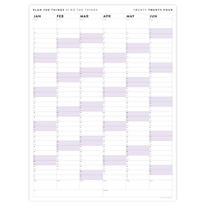 SIX MONTH 2024 GIANT WALL CALENDAR (JANUARY TO JUNE)  WITH PURPLE WEEKENDS