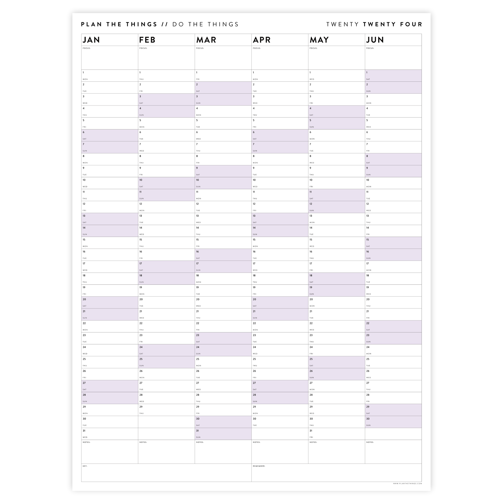 PRINTABLE SIX MONTH 2024 WALL CALENDAR SET WITH PURPLE WEEKENDS - INSTANT DOWNLOAD