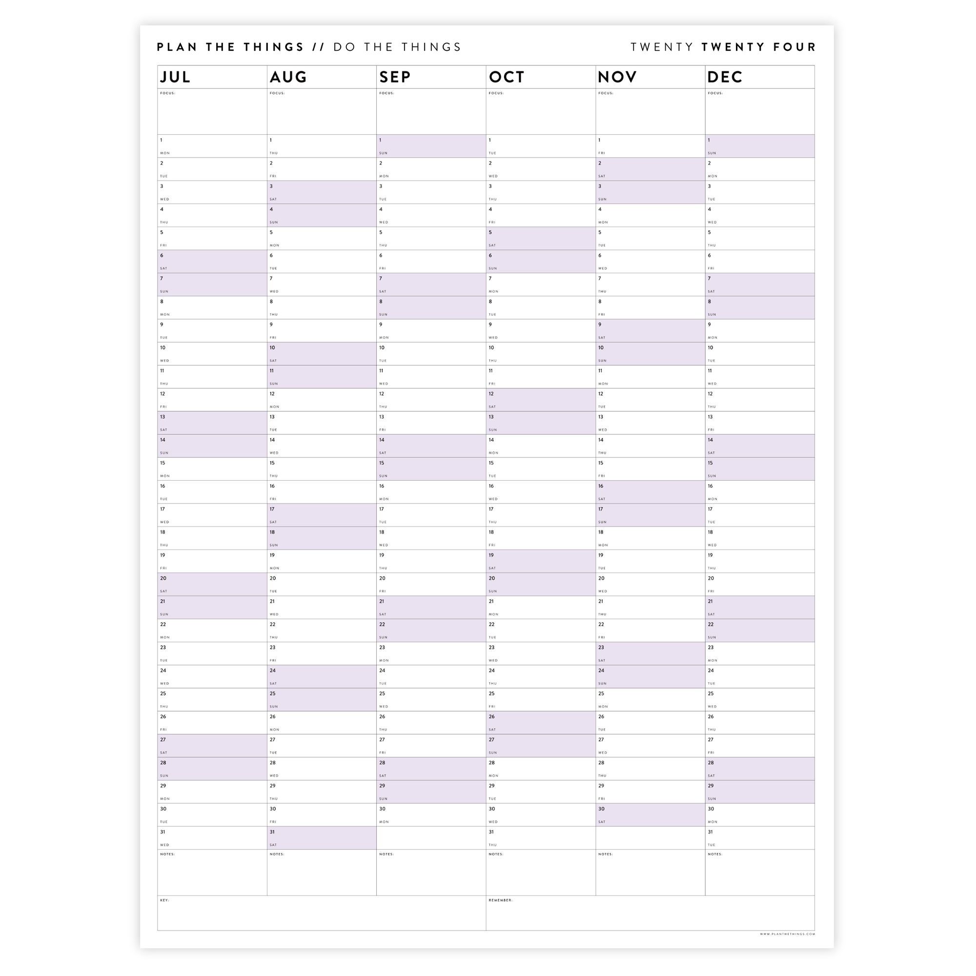 PRINTABLE SIX MONTH 2024 WALL CALENDAR (JULY TO DECEMBER) WITH PURPLE WEEKENDS - INSTANT DOWNLOAD