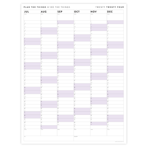 PRINTABLE SIX MONTH 2024 WALL CALENDAR SET WITH PURPLE WEEKENDS - INSTANT DOWNLOAD
