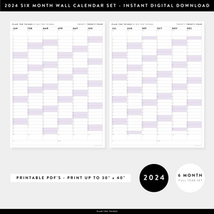 PRINTABLE SIX MONTH 2024 WALL CALENDAR SET WITH PURPLE WEEKENDS - INSTANT DOWNLOAD