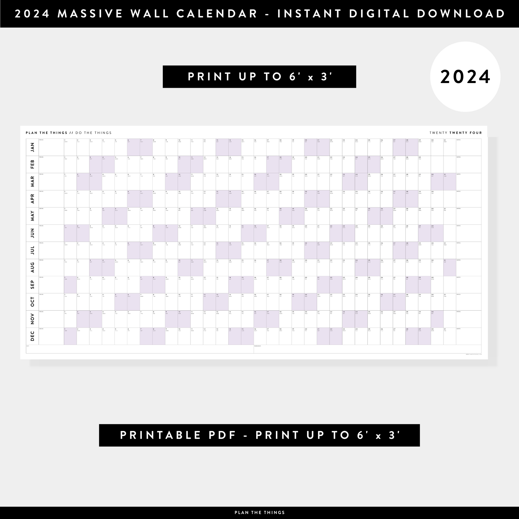 PRINTABLE 6' x 3' MASSIVE 2024 WALL CALENDAR WITH PURPLE WEEKENDS - INSTANT DOWNLOAD