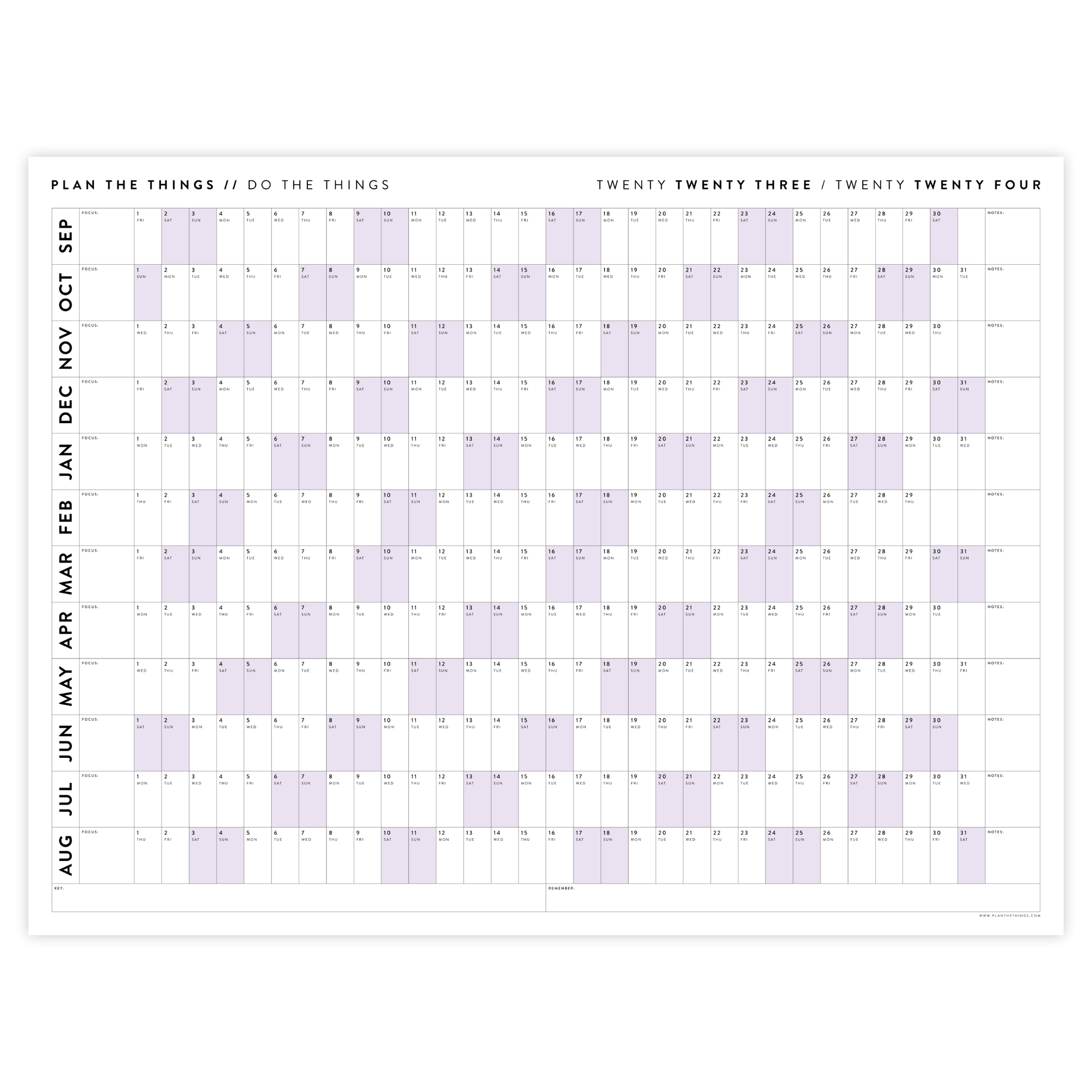 PRINTABLE 2023 / 2024 ACADEMIC WALL CALENDAR (SEPTEMBER START) | HORIZONTAL WITH PURPLE WEEKENDS - INSTANT DOWNLOAD