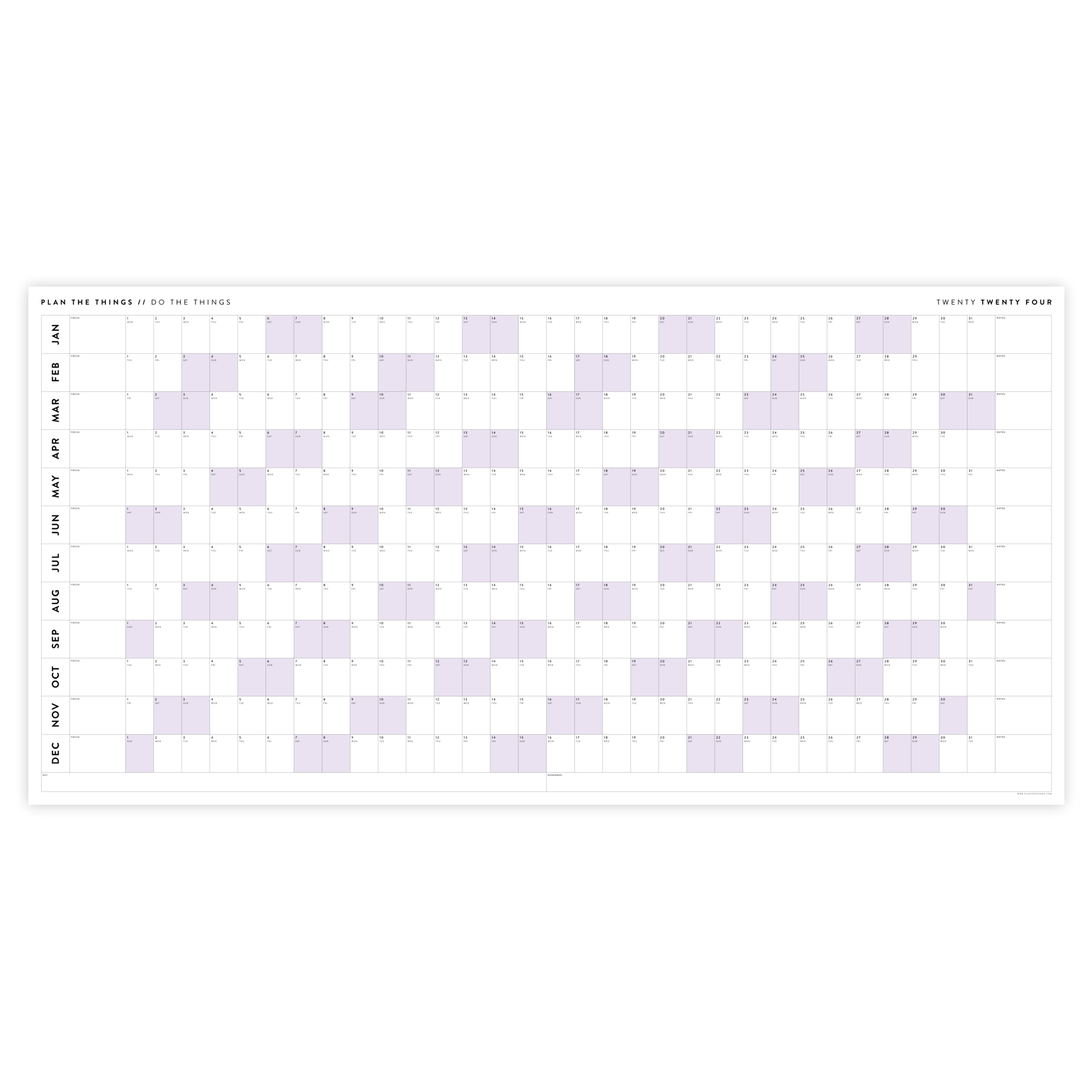 PRINTABLE 6' x 3' MASSIVE 2024 WALL CALENDAR WITH PURPLE WEEKENDS - INSTANT DOWNLOAD