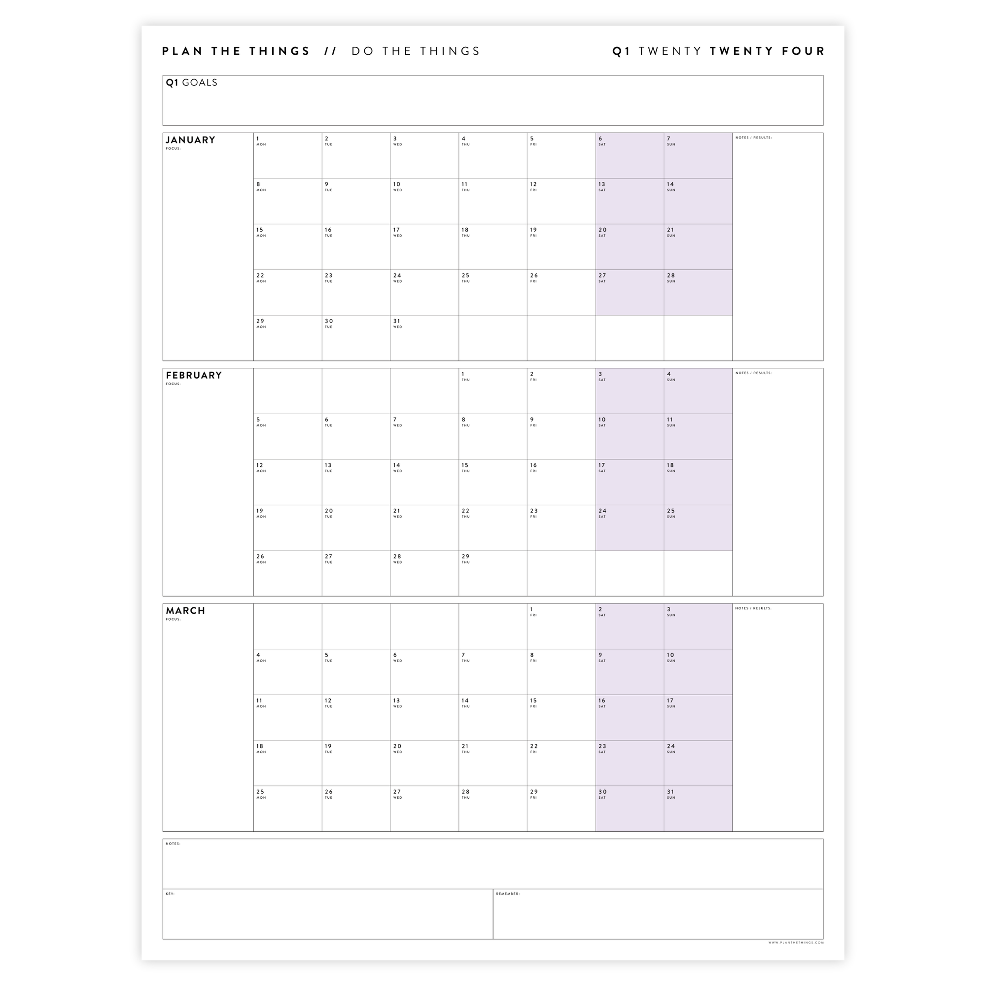 PRINTABLE Q1 (JANUARY - MARCH) 2024 QUARTERLY WALL CALENDAR (PURPLE) - INSTANT DOWNLOAD