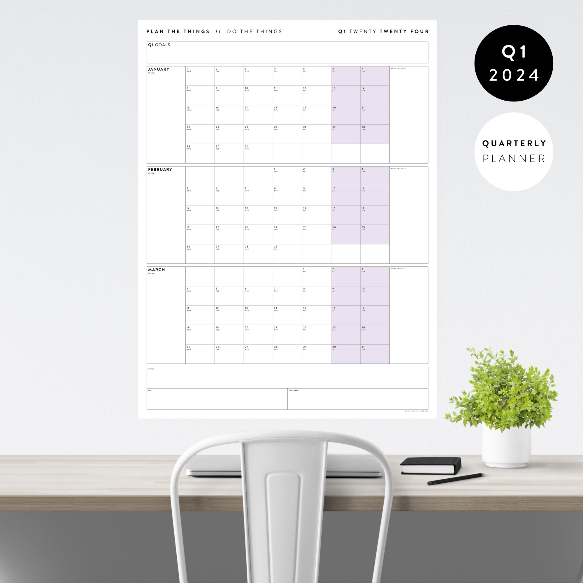 Q1 2024 QUARTERLY GIANT WALL CALENDAR (JANUARY - MARCH 2024) - PURPLE WEEKENDS