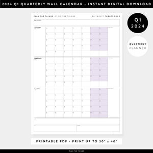 PRINTABLE Q1 (JANUARY - MARCH) 2024 QUARTERLY WALL CALENDAR (PURPLE) - INSTANT DOWNLOAD