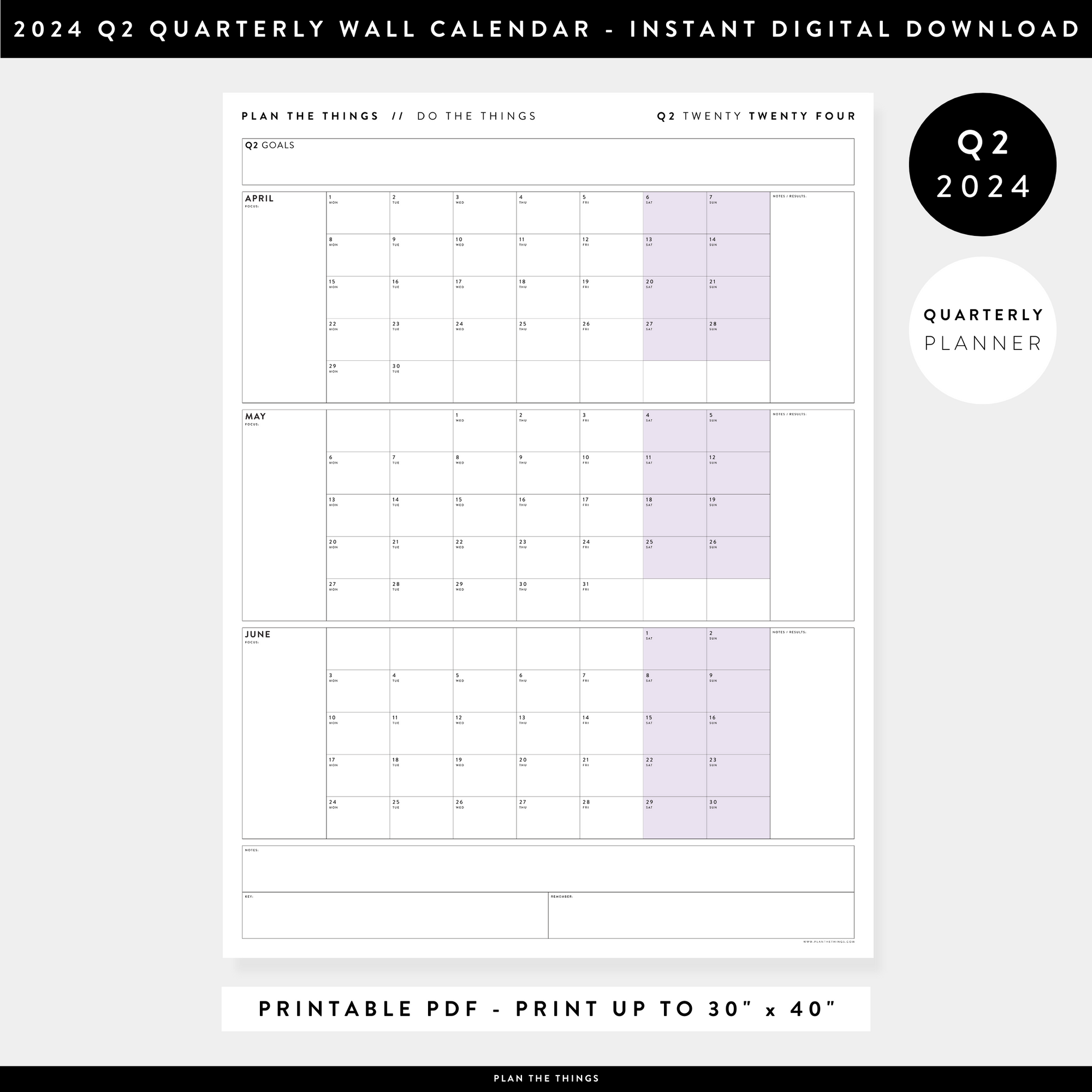 PRINTABLE Q2 (APRIL - JUNE) 2024 QUARTERLY WALL CALENDAR (PURPLE) - INSTANT PDF DOWNLOAD