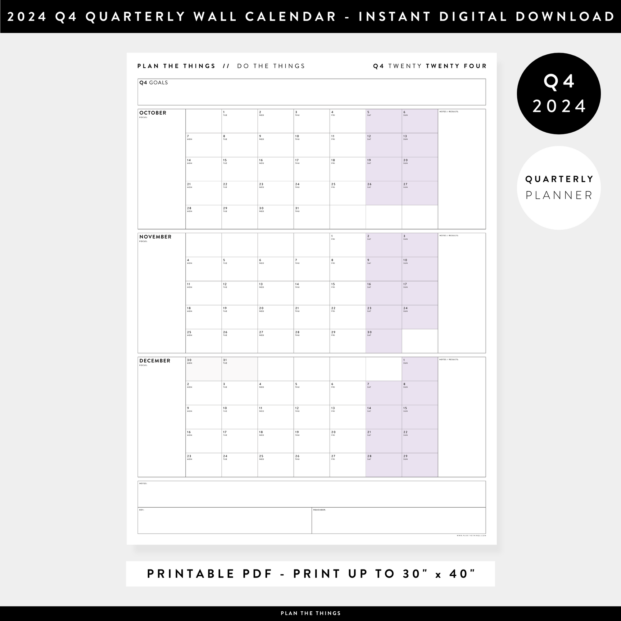 PRINTABLE Q4 (OCTOBER - DECEMBER) 2024 QUARTERLY WALL CALENDAR (PURPLE) - INSTANT PDF DOWNLOAD