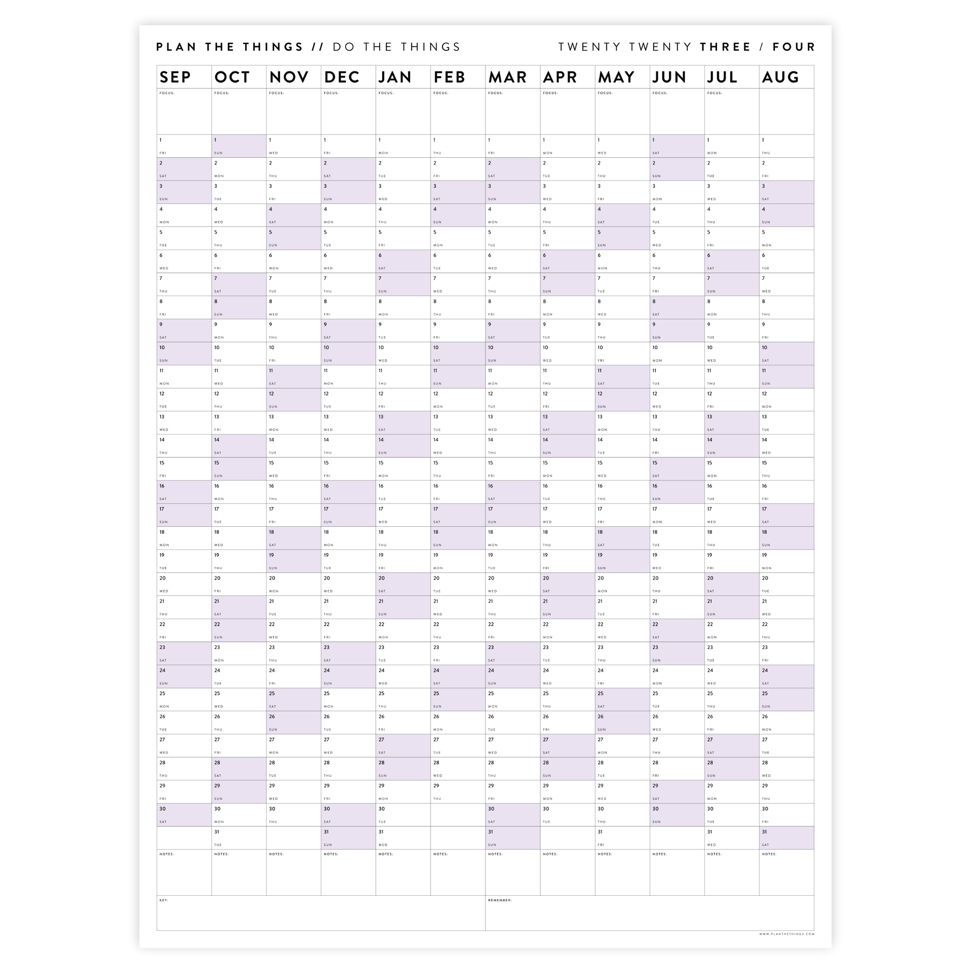 PRINTABLE 2023 / 2024 ACADEMIC WALL CALENDAR (SEPTEMBER START) | VERTICAL WITH PURPLE WEEKENDS - INSTANT DOWNLOAD