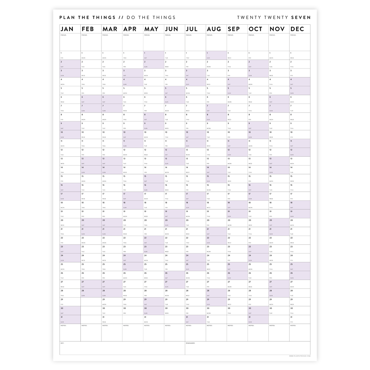 PRINTABLE VERTICAL 2027 WALL CALENDAR WITH PURPLE WEEKENDS - INSTANT DOWNLOAD