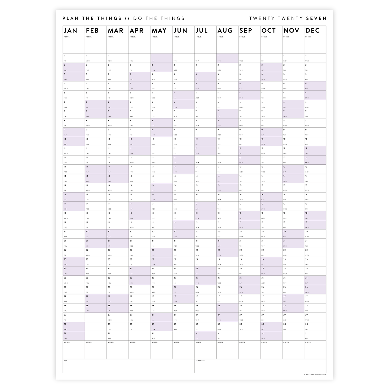 PRINTABLE VERTICAL 2027 WALL CALENDAR WITH PURPLE WEEKENDS - INSTANT DOWNLOAD
