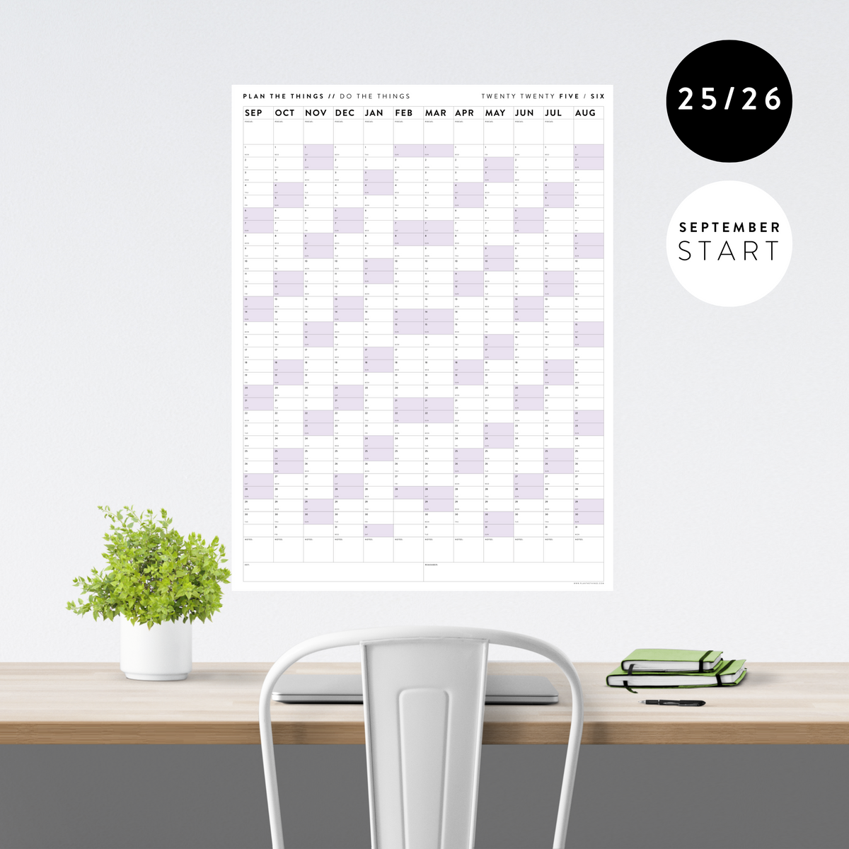 PRINTABLE 2025 - 2026 ACADEMIC WALL CALENDAR (SEPTEMBER START) | VERTICAL WITH PURPLE WEEKENDS - INSTANT DOWNLOAD