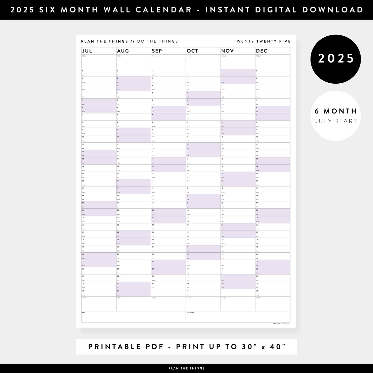 PRINTABLE SIX MONTH 2025 WALL CALENDAR (JULY TO DECEMBER) WITH PURPLE WEEKENDS - INSTANT DOWNLOAD