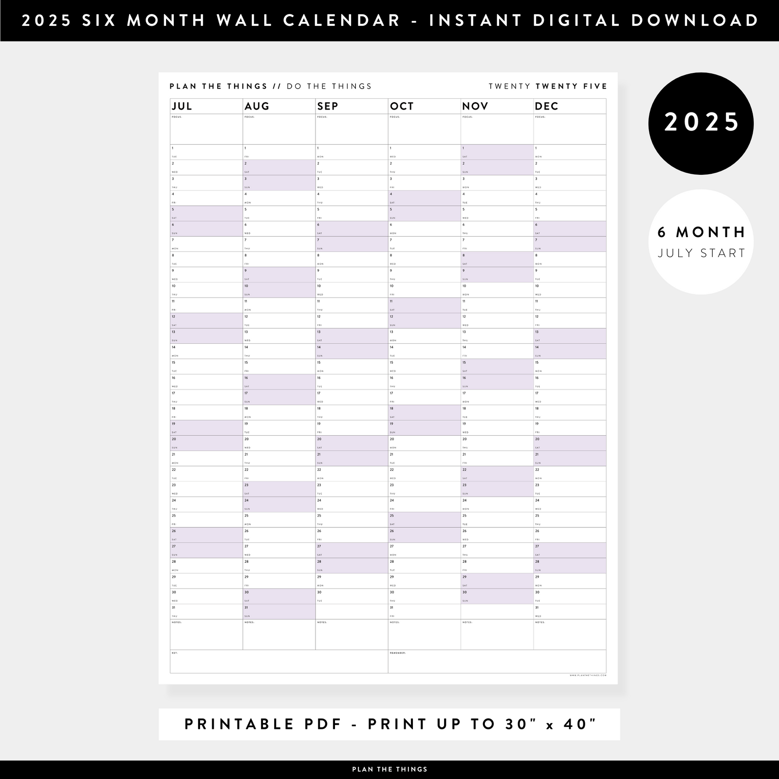 PRINTABLE SIX MONTH 2025 WALL CALENDAR (JULY TO DECEMBER) WITH PURPLE WEEKENDS - INSTANT DOWNLOAD