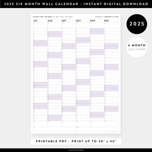 PRINTABLE SIX MONTH 2025 WALL CALENDAR (JULY TO DECEMBER) WITH PURPLE WEEKENDS - INSTANT DOWNLOAD