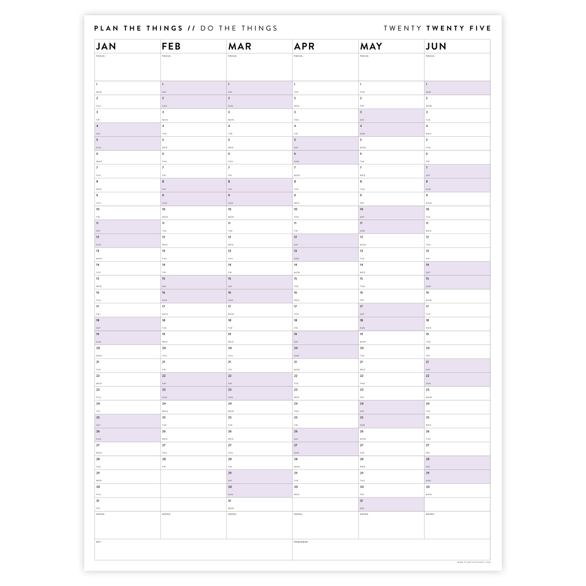 PRINTABLE SIX MONTH 2025 WALL CALENDAR SET WITH PURPLE WEEKENDS - INSTANT DOWNLOAD