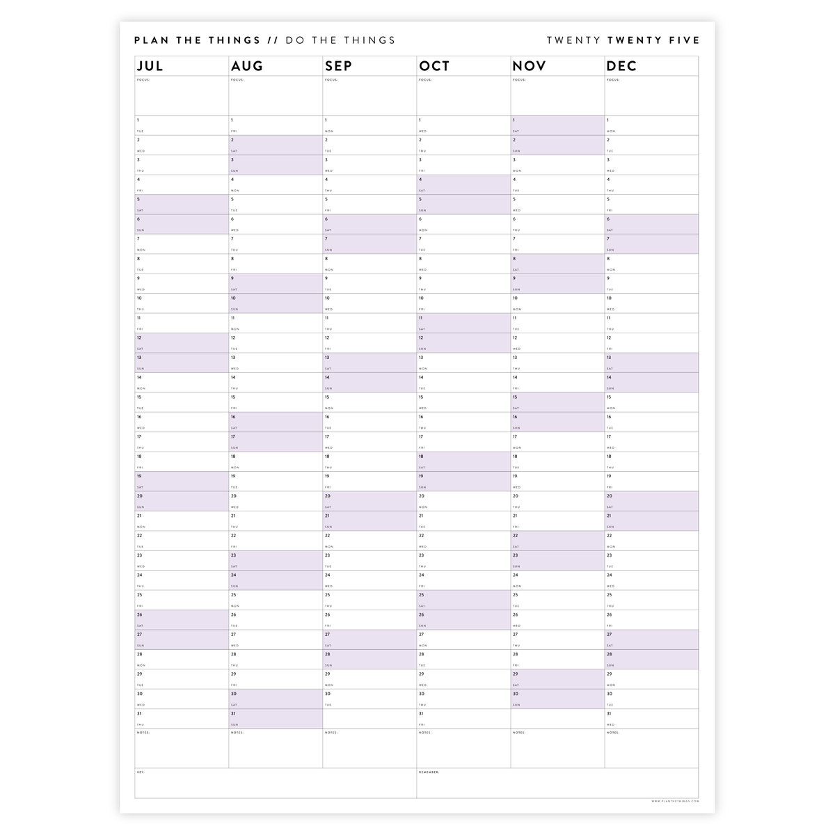 PRINTABLE SIX MONTH 2025 WALL CALENDAR SET WITH PURPLE WEEKENDS - INSTANT DOWNLOAD