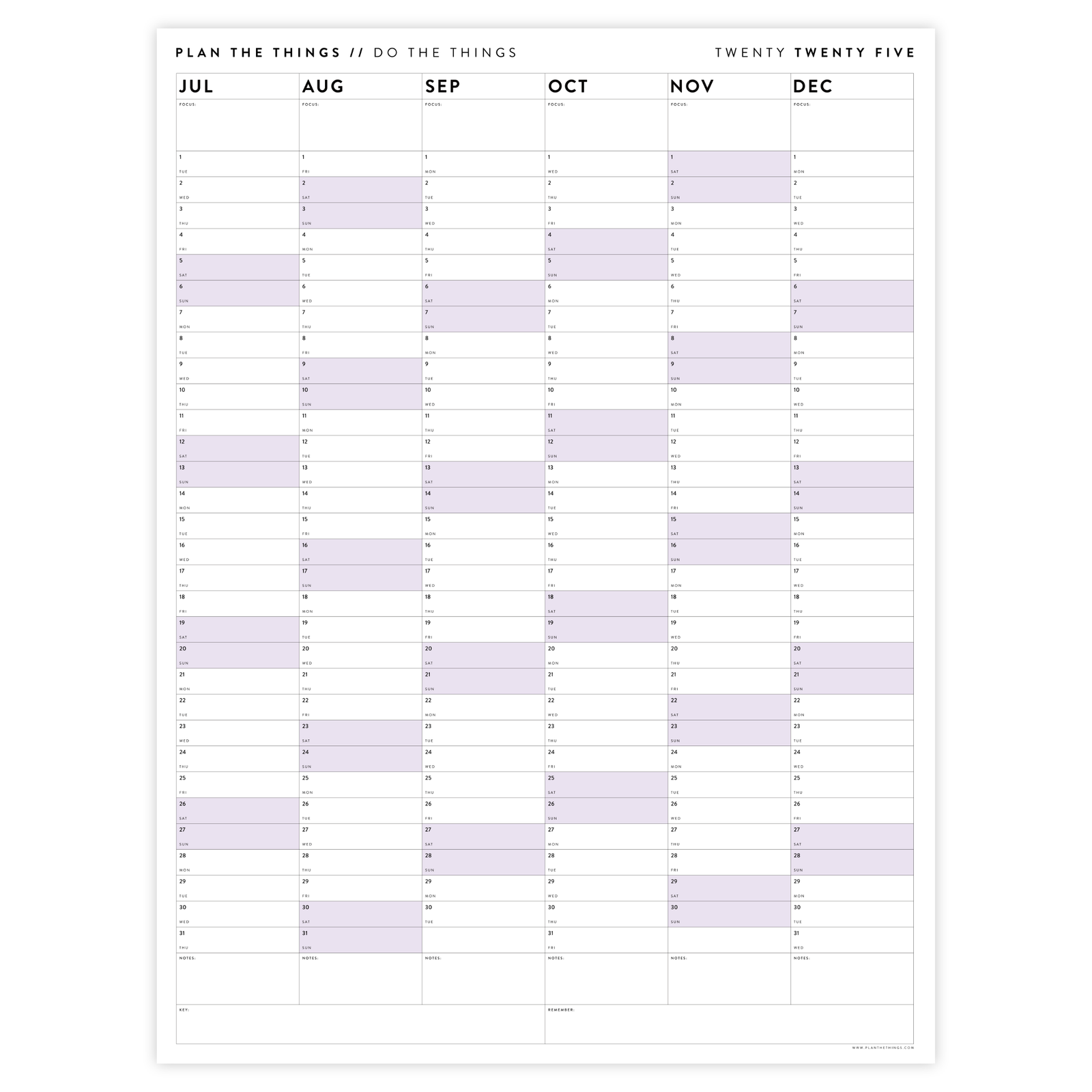 SIX MONTH 2025 GIANT WALL CALENDAR (JULY TO DECEMBER) WITH PURPLE WEEKENDS