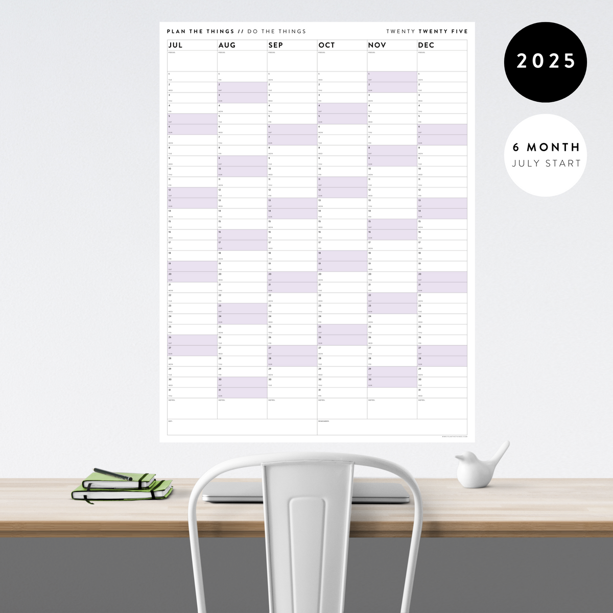 SIX MONTH 2025 GIANT WALL CALENDAR (JULY TO DECEMBER) WITH PURPLE WEEKENDS