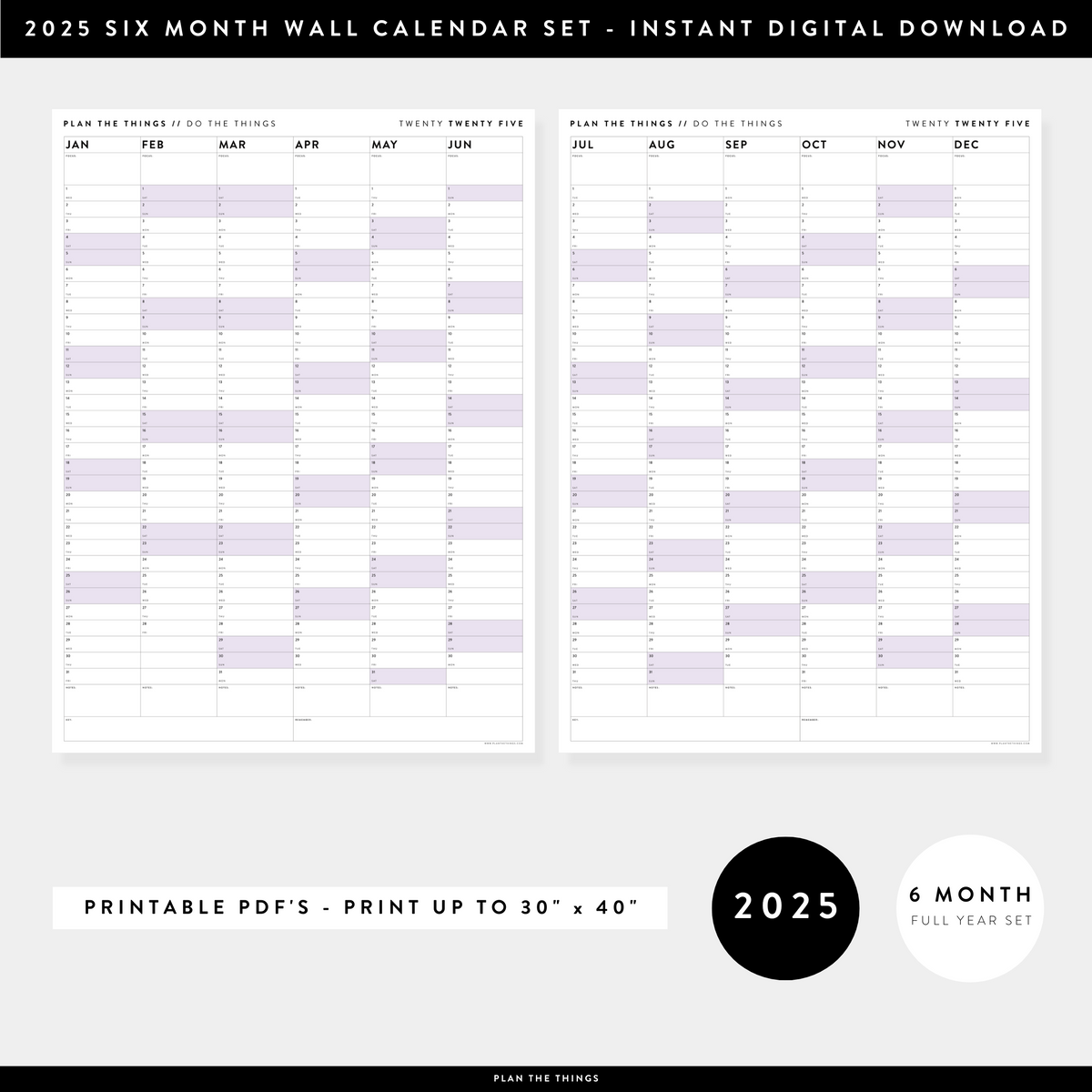 PRINTABLE SIX MONTH 2025 WALL CALENDAR SET WITH PURPLE WEEKENDS - INSTANT DOWNLOAD