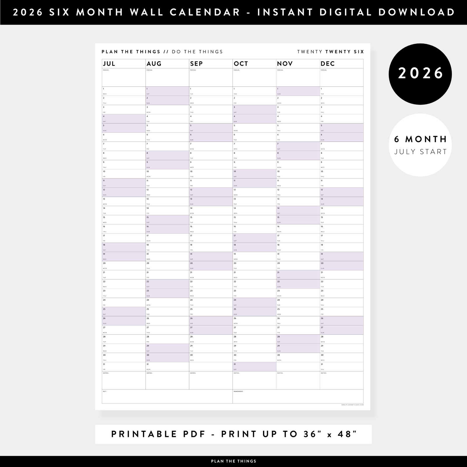 PRINTABLE SIX MONTH 2026 WALL CALENDAR (JULY TO DECEMBER) WITH PURPLE WEEKENDS - INSTANT DOWNLOAD