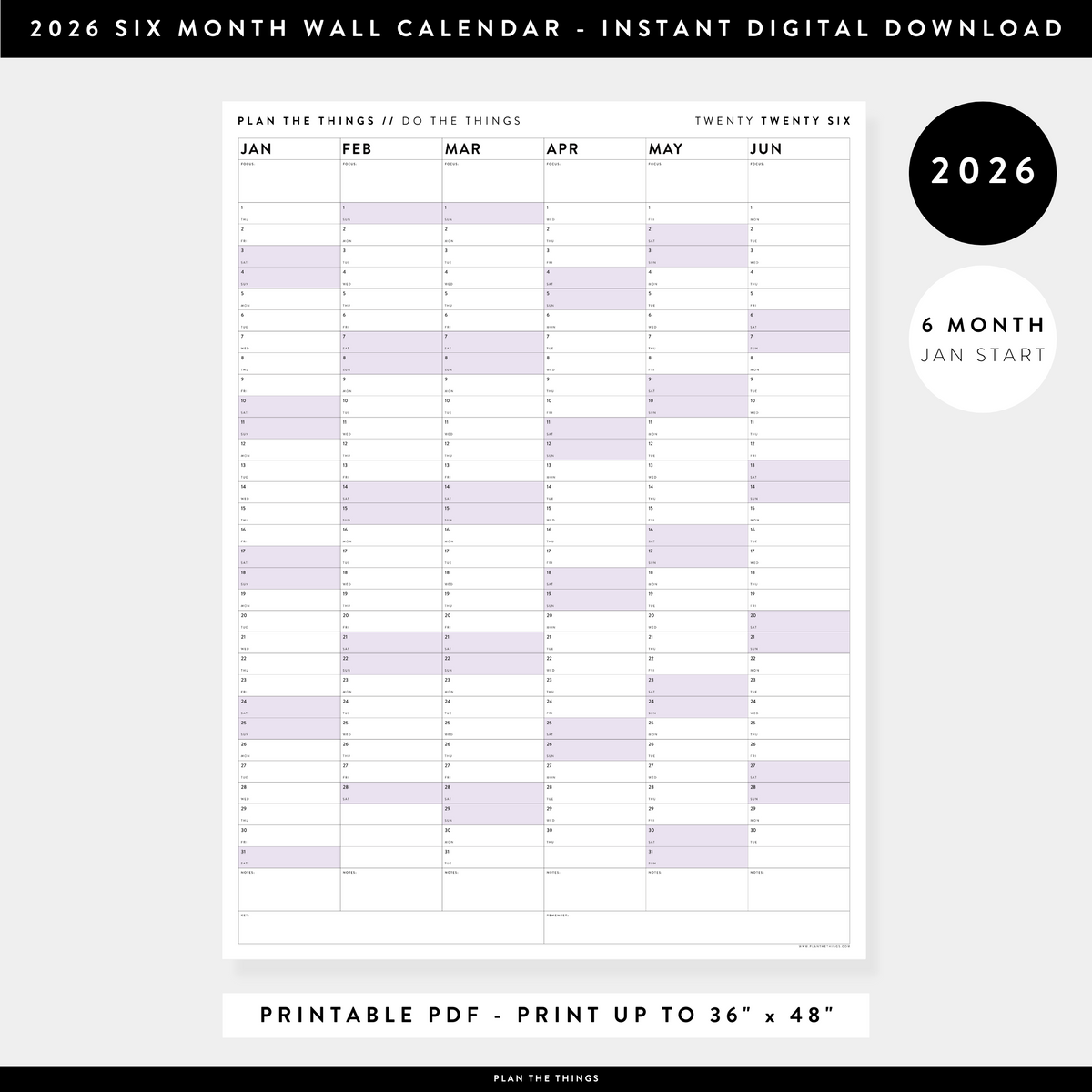 PRINTABLE SIX MONTH 2026 WALL CALENDAR (JANUARY TO JUNE) WITH PURPLE WEEKENDS - INSTANT DOWNLOAD